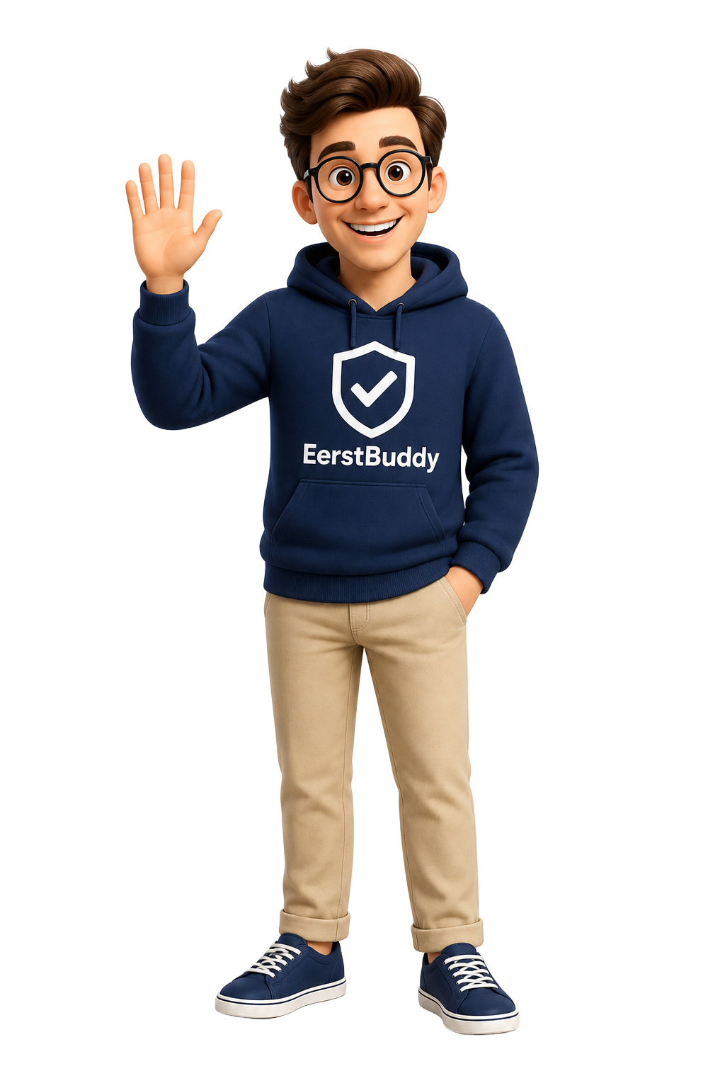 Buddy, de mascotte van EerstBuddy, zwaait vriendelijk